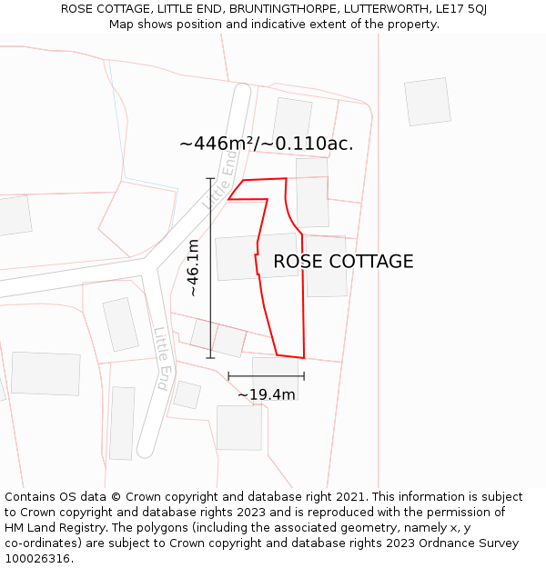 ROSE COTTAGE, LITTLE END, BRUNTINGTHORPE, LUTTERWORTH, LE17 5QJ: Plot and title map