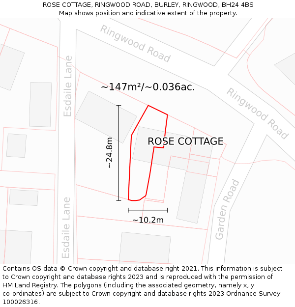 ROSE COTTAGE, RINGWOOD ROAD, BURLEY, RINGWOOD, BH24 4BS: Plot and title map