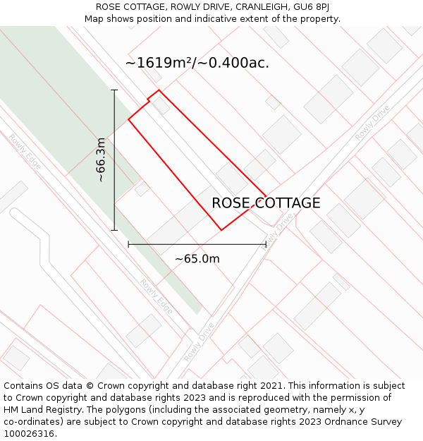 ROSE COTTAGE, ROWLY DRIVE, CRANLEIGH, GU6 8PJ: Plot and title map
