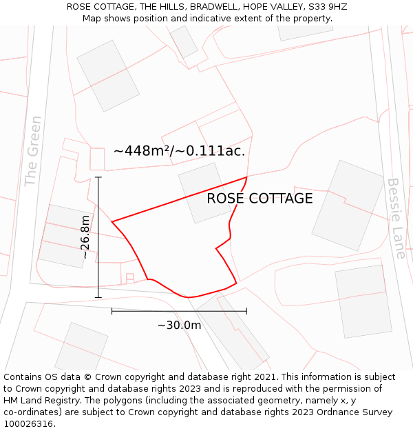 ROSE COTTAGE, THE HILLS, BRADWELL, HOPE VALLEY, S33 9HZ: Plot and title map