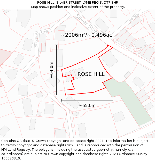 ROSE HILL, SILVER STREET, LYME REGIS, DT7 3HR: Plot and title map