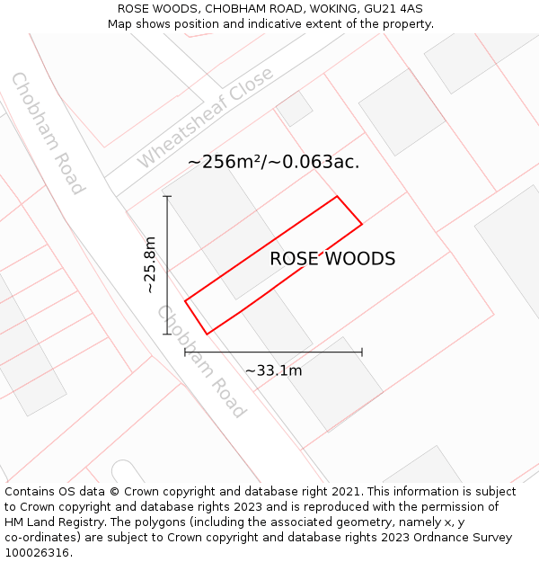 ROSE WOODS, CHOBHAM ROAD, WOKING, GU21 4AS: Plot and title map