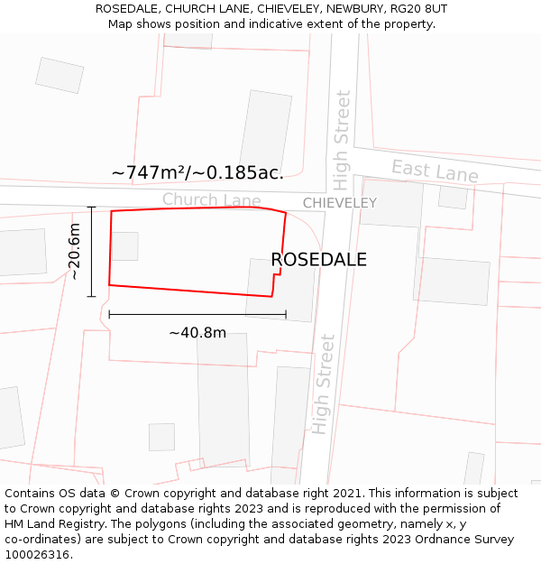 ROSEDALE, CHURCH LANE, CHIEVELEY, NEWBURY, RG20 8UT: Plot and title map