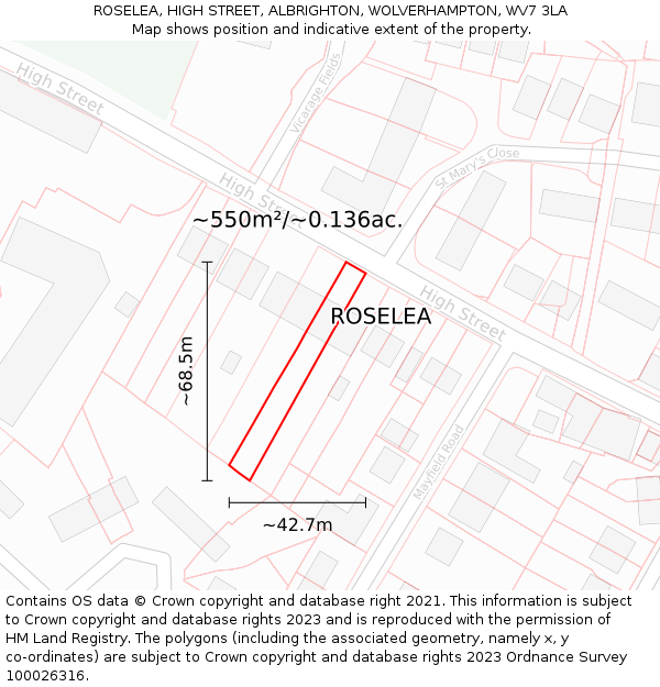 ROSELEA, HIGH STREET, ALBRIGHTON, WOLVERHAMPTON, WV7 3LA: Plot and title map