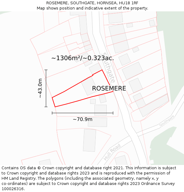 ROSEMERE, SOUTHGATE, HORNSEA, HU18 1RF: Plot and title map