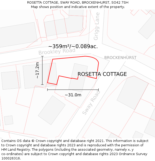 ROSETTA COTTAGE, SWAY ROAD, BROCKENHURST, SO42 7SH: Plot and title map