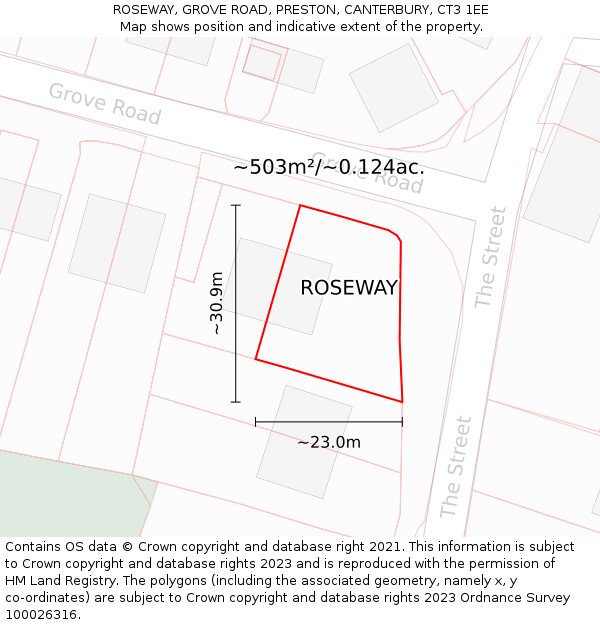 ROSEWAY, GROVE ROAD, PRESTON, CANTERBURY, CT3 1EE: Plot and title map