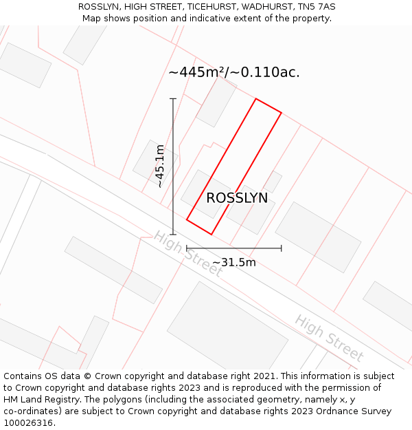 ROSSLYN, HIGH STREET, TICEHURST, WADHURST, TN5 7AS: Plot and title map