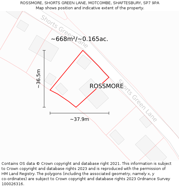 ROSSMORE, SHORTS GREEN LANE, MOTCOMBE, SHAFTESBURY, SP7 9PA: Plot and title map