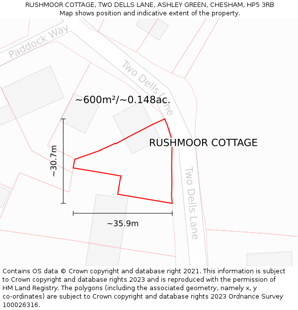 RUSHMOOR COTTAGE, TWO DELLS LANE, ASHLEY GREEN, CHESHAM, HP5 3RB: Plot and title map