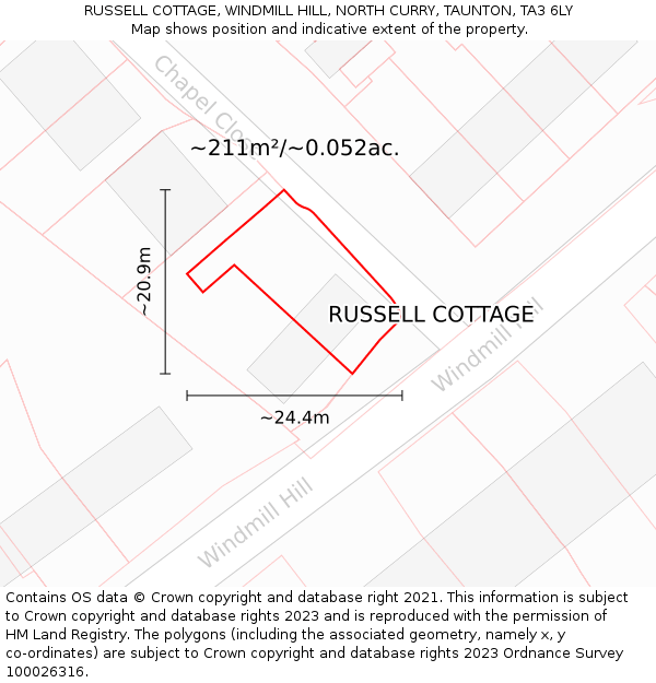 RUSSELL COTTAGE, WINDMILL HILL, NORTH CURRY, TAUNTON, TA3 6LY: Plot and title map