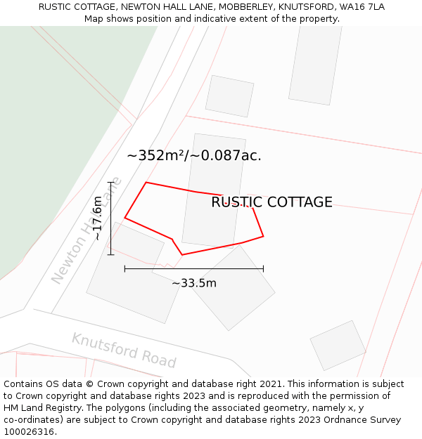 RUSTIC COTTAGE, NEWTON HALL LANE, MOBBERLEY, KNUTSFORD, WA16 7LA: Plot and title map