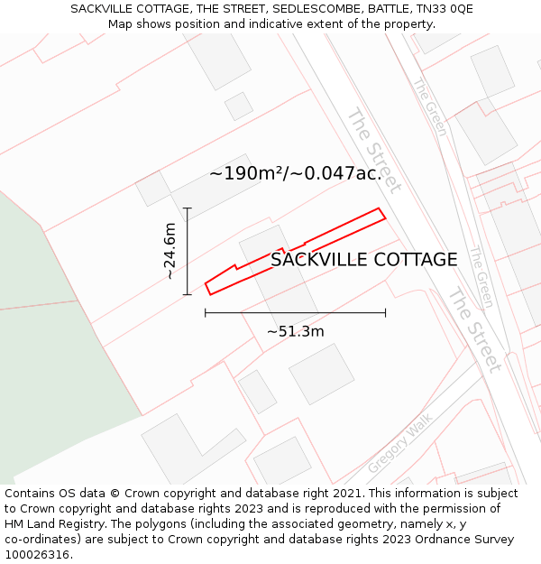 SACKVILLE COTTAGE, THE STREET, SEDLESCOMBE, BATTLE, TN33 0QE: Plot and title map