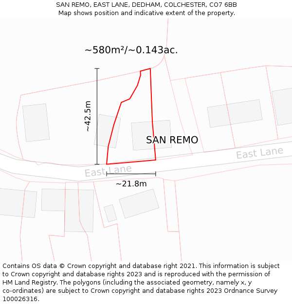 SAN REMO, EAST LANE, DEDHAM, COLCHESTER, CO7 6BB: Plot and title map