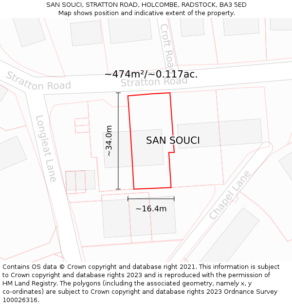 SAN SOUCI, STRATTON ROAD, HOLCOMBE, RADSTOCK, BA3 5ED: Plot and title map