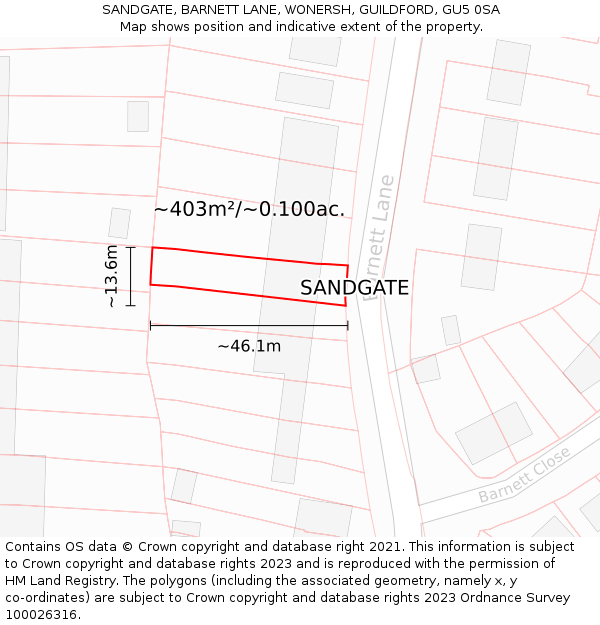 SANDGATE, BARNETT LANE, WONERSH, GUILDFORD, GU5 0SA: Plot and title map