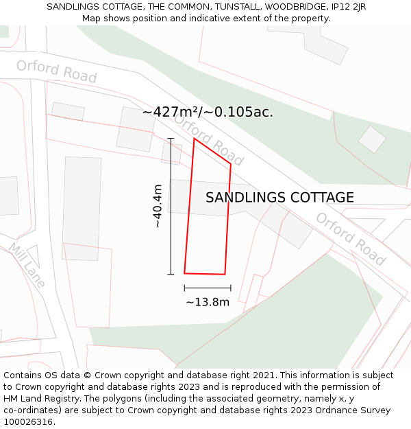 SANDLINGS COTTAGE, THE COMMON, TUNSTALL, WOODBRIDGE, IP12 2JR: Plot and title map