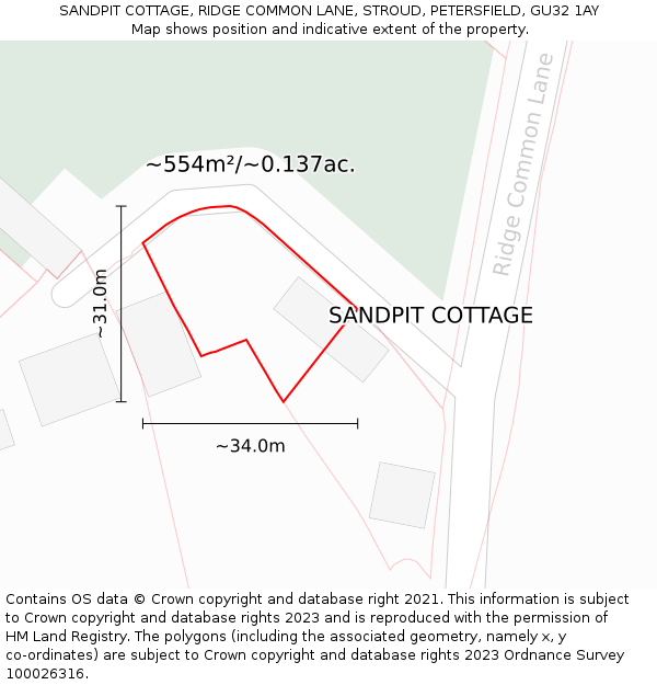 SANDPIT COTTAGE, RIDGE COMMON LANE, STROUD, PETERSFIELD, GU32 1AY: Plot and title map