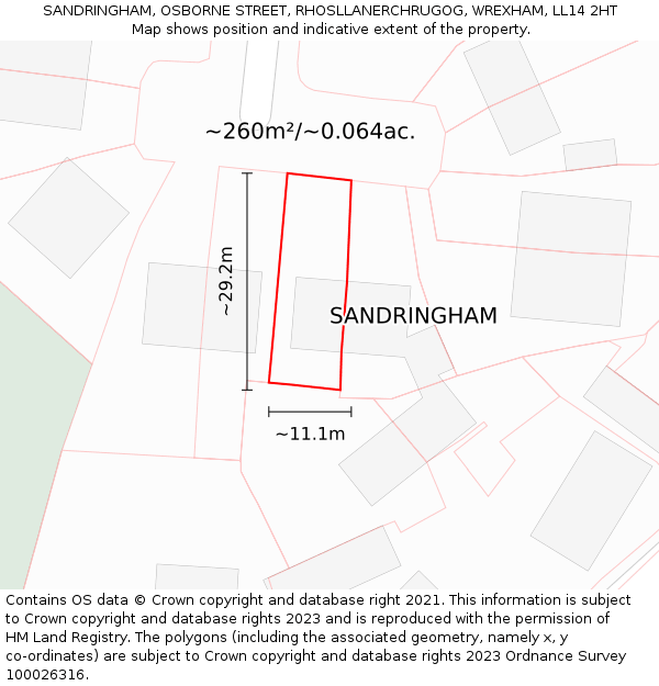 SANDRINGHAM, OSBORNE STREET, RHOSLLANERCHRUGOG, WREXHAM, LL14 2HT: Plot and title map