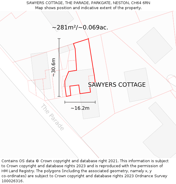 SAWYERS COTTAGE, THE PARADE, PARKGATE, NESTON, CH64 6RN: Plot and title map