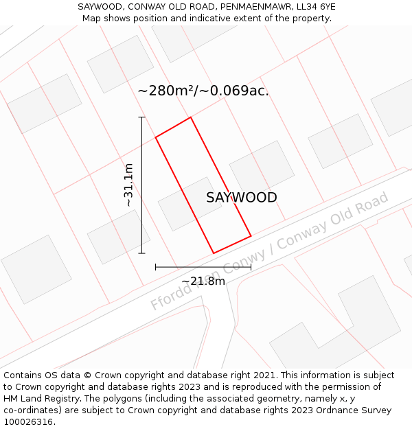 SAYWOOD, CONWAY OLD ROAD, PENMAENMAWR, LL34 6YE: Plot and title map