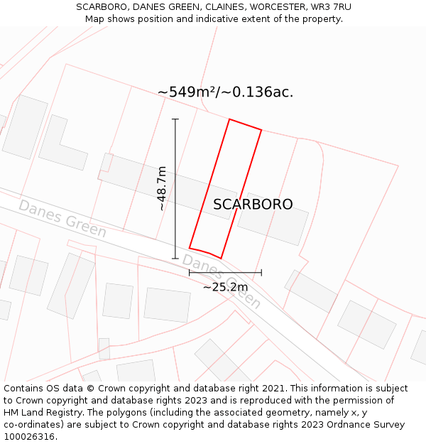 SCARBORO, DANES GREEN, CLAINES, WORCESTER, WR3 7RU: Plot and title map