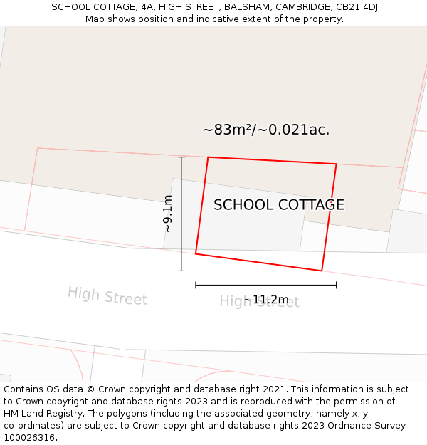 SCHOOL COTTAGE, 4A, HIGH STREET, BALSHAM, CAMBRIDGE, CB21 4DJ: Plot and title map