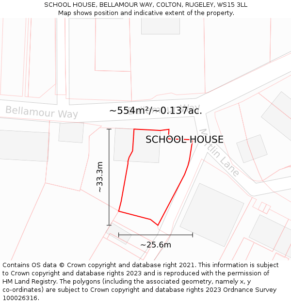 SCHOOL HOUSE, BELLAMOUR WAY, COLTON, RUGELEY, WS15 3LL: Plot and title map