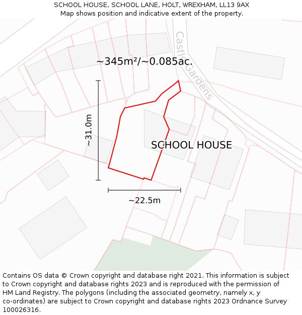 SCHOOL HOUSE, SCHOOL LANE, HOLT, WREXHAM, LL13 9AX: Plot and title map