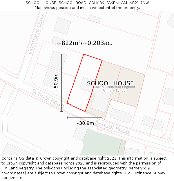 SCHOOL HOUSE, SCHOOL ROAD, COLKIRK, FAKENHAM, NR21 7NW: Plot and title map