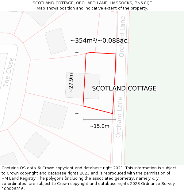 SCOTLAND COTTAGE, ORCHARD LANE, HASSOCKS, BN6 8QE: Plot and title map