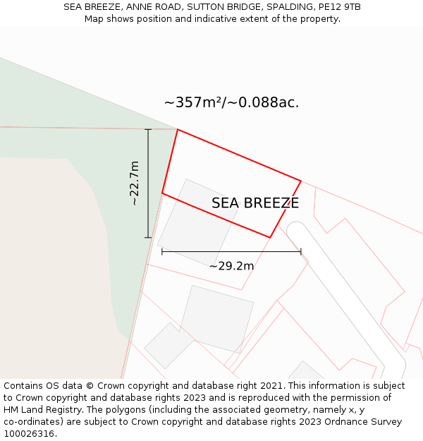 SEA BREEZE, ANNE ROAD, SUTTON BRIDGE, SPALDING, PE12 9TB: Plot and title map