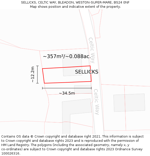 SELLICKS, CELTIC WAY, BLEADON, WESTON-SUPER-MARE, BS24 0NF: Plot and title map