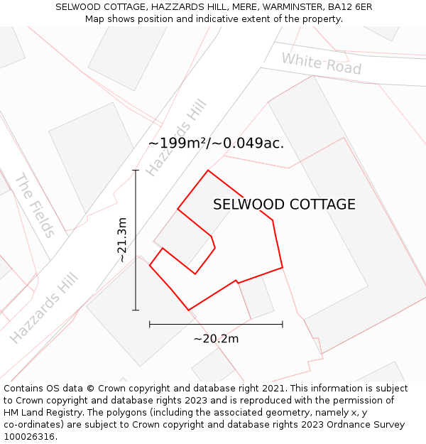 SELWOOD COTTAGE, HAZZARDS HILL, MERE, WARMINSTER, BA12 6ER: Plot and title map