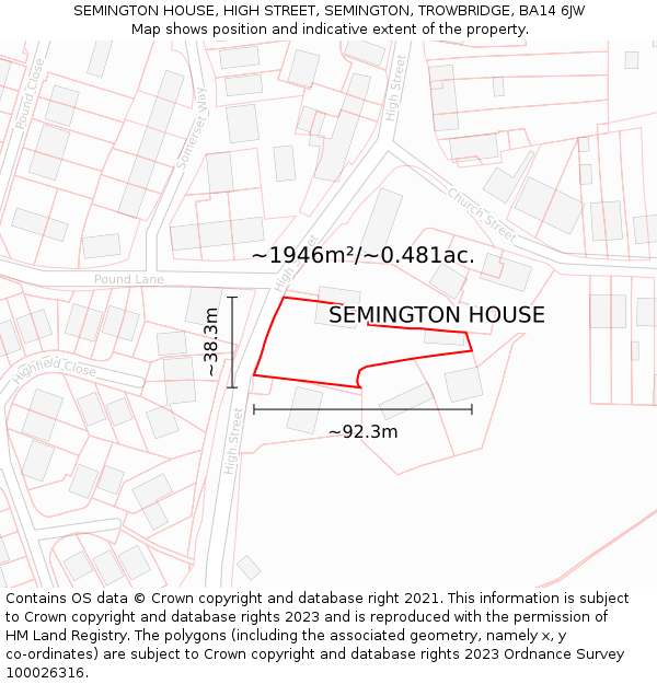 SEMINGTON HOUSE, HIGH STREET, SEMINGTON, TROWBRIDGE, BA14 6JW: Plot and title map