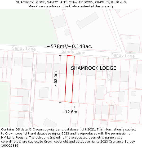 SHAMROCK LODGE, SANDY LANE, CRAWLEY DOWN, CRAWLEY, RH10 4HX: Plot and title map