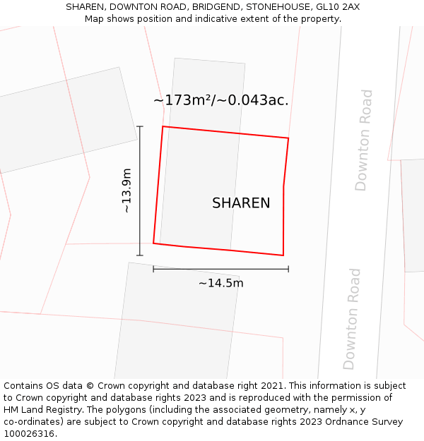 SHAREN, DOWNTON ROAD, BRIDGEND, STONEHOUSE, GL10 2AX: Plot and title map