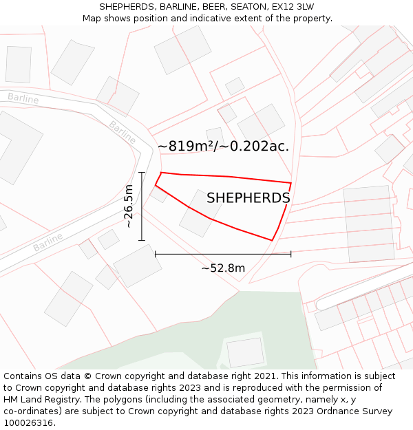 SHEPHERDS, BARLINE, BEER, SEATON, EX12 3LW: Plot and title map