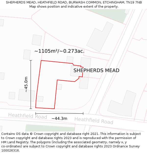 SHEPHERDS MEAD, HEATHFIELD ROAD, BURWASH COMMON, ETCHINGHAM, TN19 7NB: Plot and title map