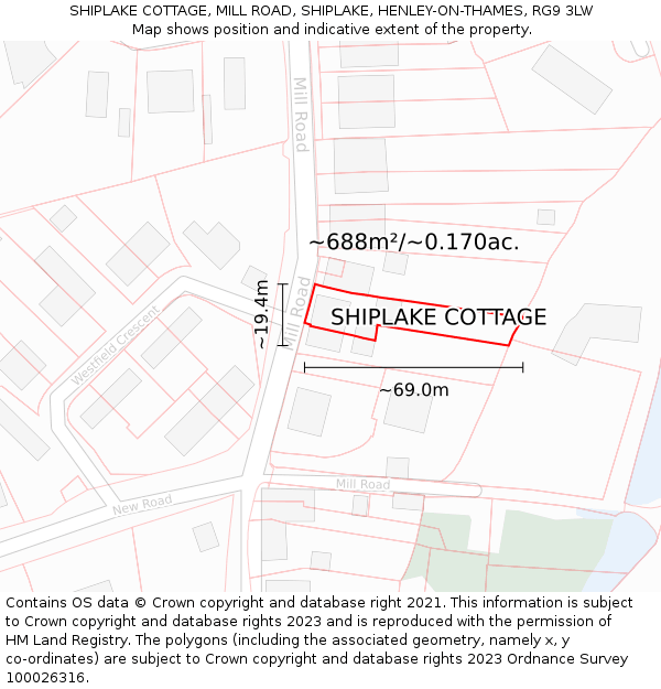 SHIPLAKE COTTAGE, MILL ROAD, SHIPLAKE, HENLEY-ON-THAMES, RG9 3LW: Plot and title map