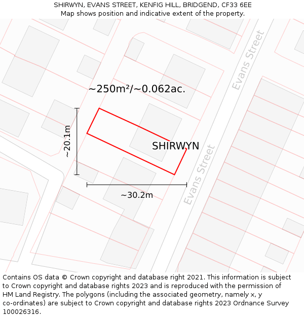 SHIRWYN, EVANS STREET, KENFIG HILL, BRIDGEND, CF33 6EE: Plot and title map