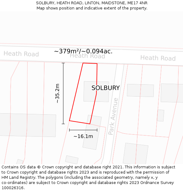 SOLBURY, HEATH ROAD, LINTON, MAIDSTONE, ME17 4NR: Plot and title map