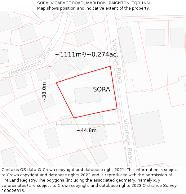 SORA, VICARAGE ROAD, MARLDON, PAIGNTON, TQ3 1NN: Plot and title map