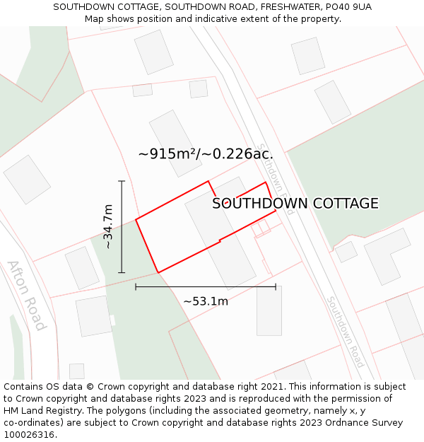 SOUTHDOWN COTTAGE, SOUTHDOWN ROAD, FRESHWATER, PO40 9UA: Plot and title map