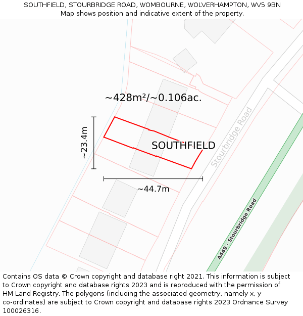 SOUTHFIELD, STOURBRIDGE ROAD, WOMBOURNE, WOLVERHAMPTON, WV5 9BN: Plot and title map