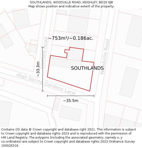 SOUTHLANDS, WOODVILLE ROAD, KEIGHLEY, BD20 6JB: Plot and title map