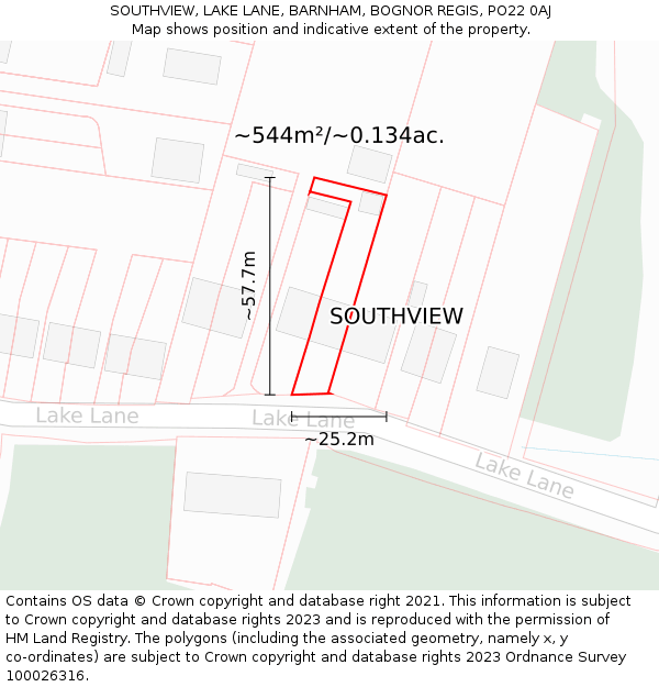 SOUTHVIEW, LAKE LANE, BARNHAM, BOGNOR REGIS, PO22 0AJ: Plot and title map