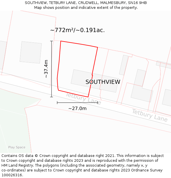 SOUTHVIEW, TETBURY LANE, CRUDWELL, MALMESBURY, SN16 9HB: Plot and title map