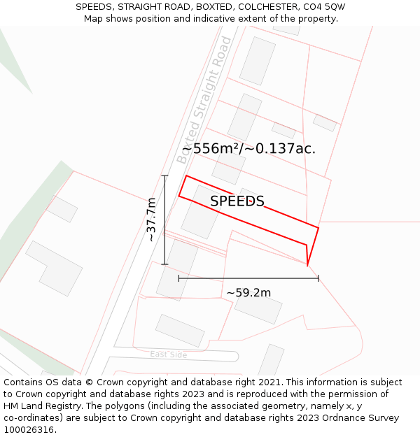 SPEEDS, STRAIGHT ROAD, BOXTED, COLCHESTER, CO4 5QW: Plot and title map