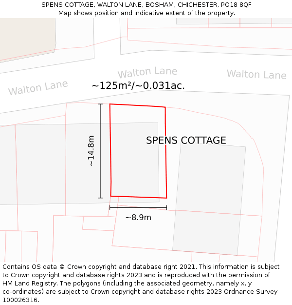 SPENS COTTAGE, WALTON LANE, BOSHAM, CHICHESTER, PO18 8QF: Plot and title map